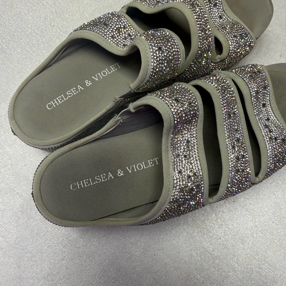 Chelsea & Violet Silver Gray Rhinestone Slide Sandals - Picture 2 of 7
